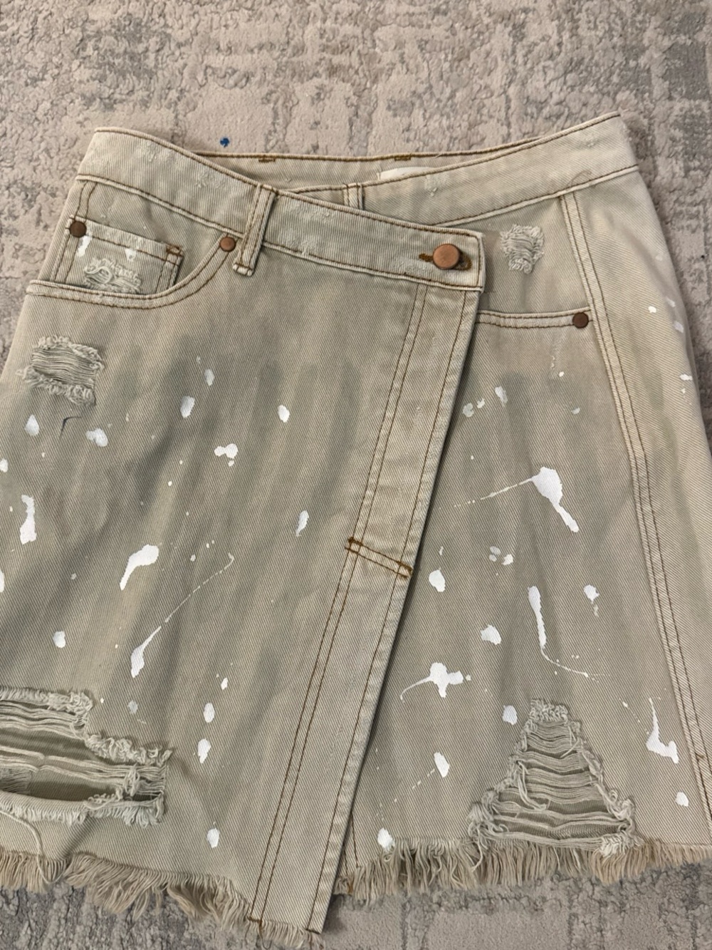 Beige Paint-Splatter Distressed Wrap Mini Skirt